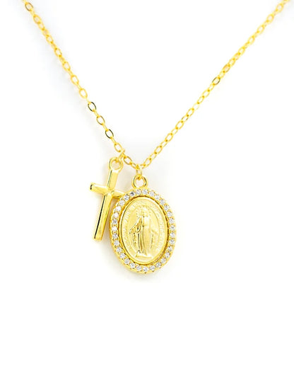 Diamond Miraculous Mary  &amp; Cross necklace