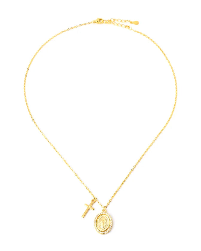 Diamond Miraculous Mary  &amp; Cross necklace