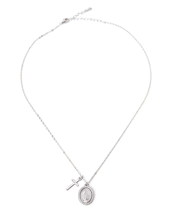 Diamond Miraculous Mary  &amp; Cross necklace