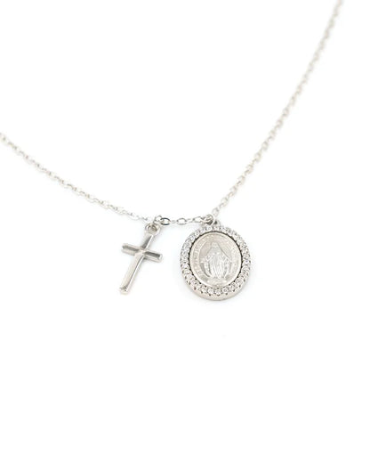 Diamond Miraculous Mary  &amp; Cross necklace